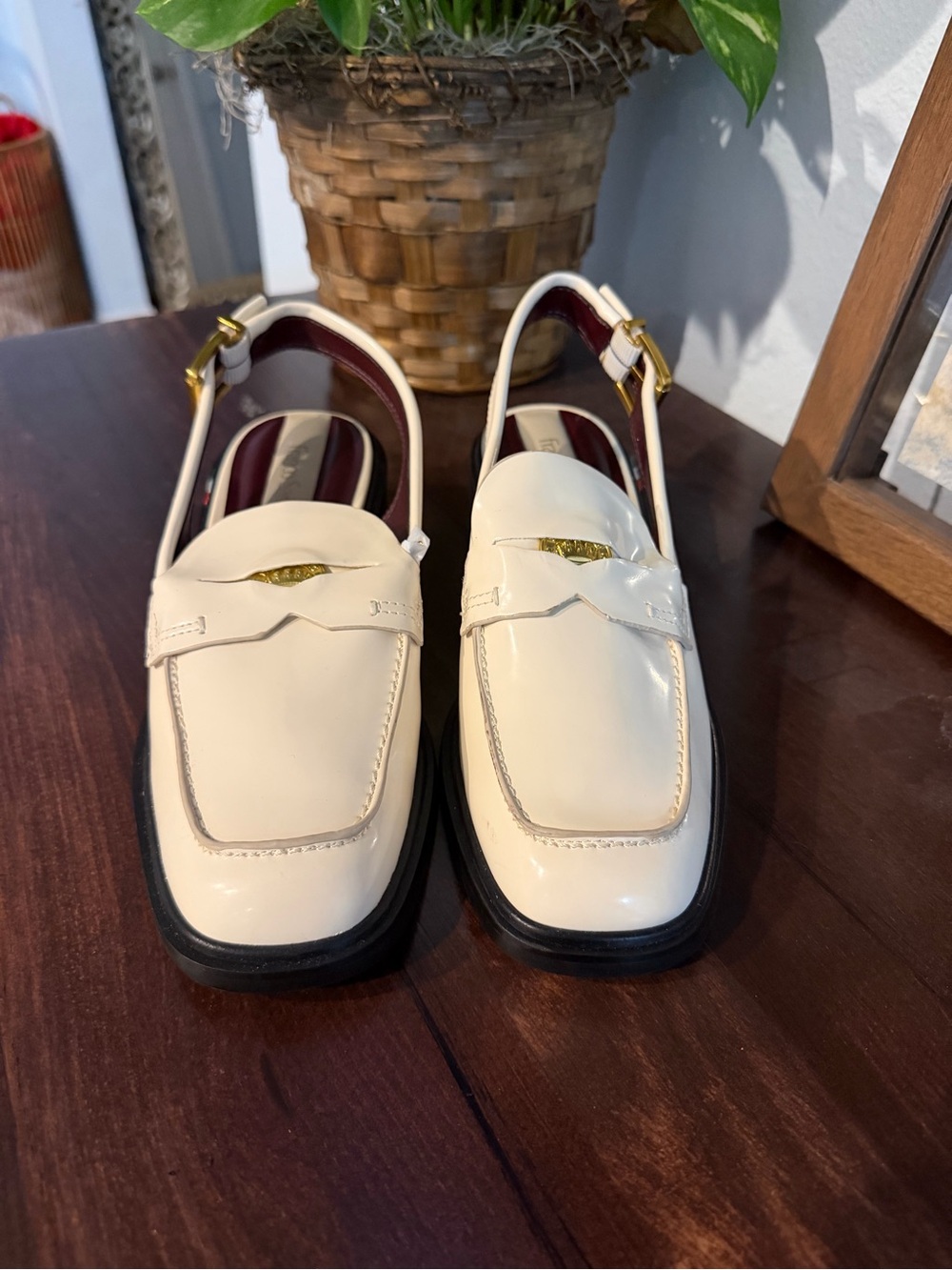 Franco Sarto Ivory Patent Slingback Loafers Gold Hardware Block Heel
